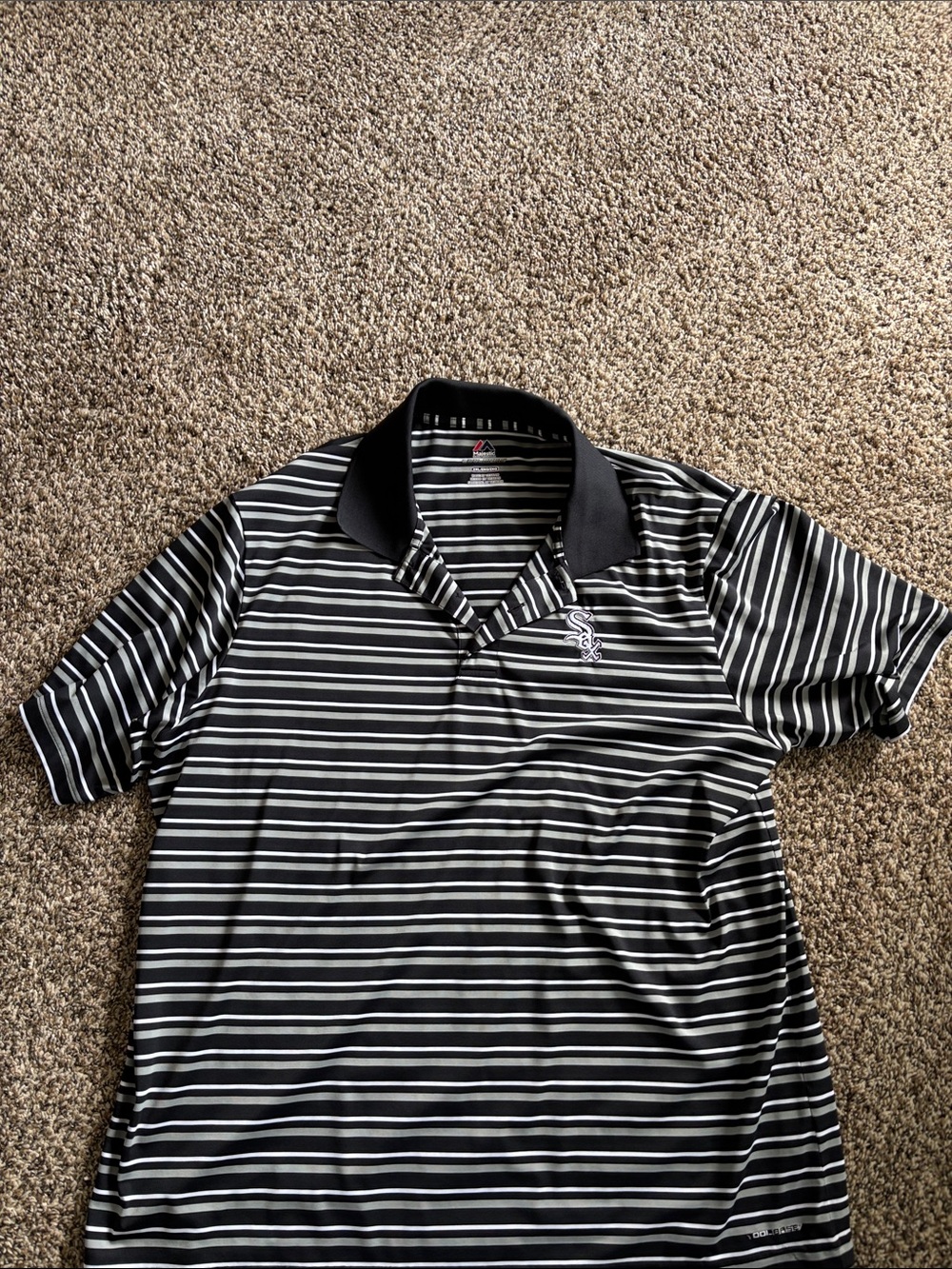 Chicago White Socks Majestic Black and White Striped Polo with Embroidered Logo